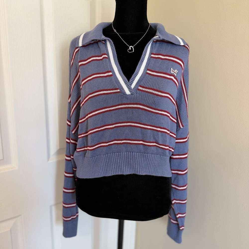 PINK Victoria's Secret Slouchy Cropped Rugby Sweater Womens (L) Oversized Stripe